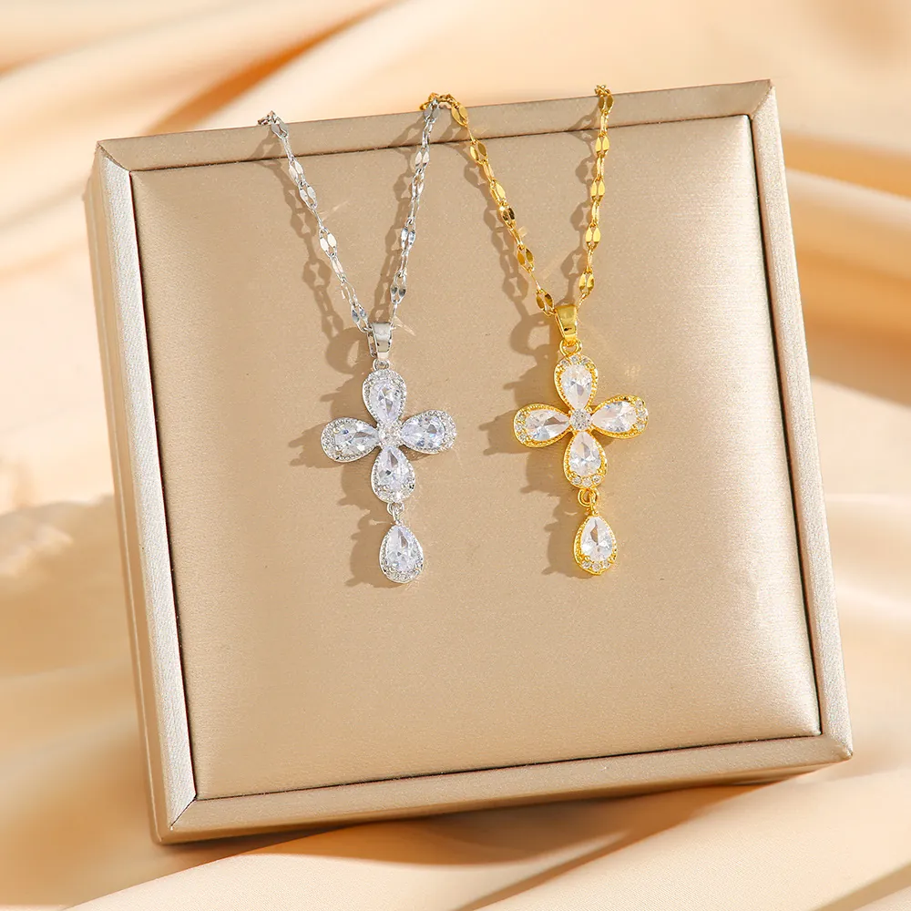Cross Pendant Necklace Stainless Steel Cubic Zirconia Pear Shaped Elegant Minimalist Gold Plated Jewelry For Women