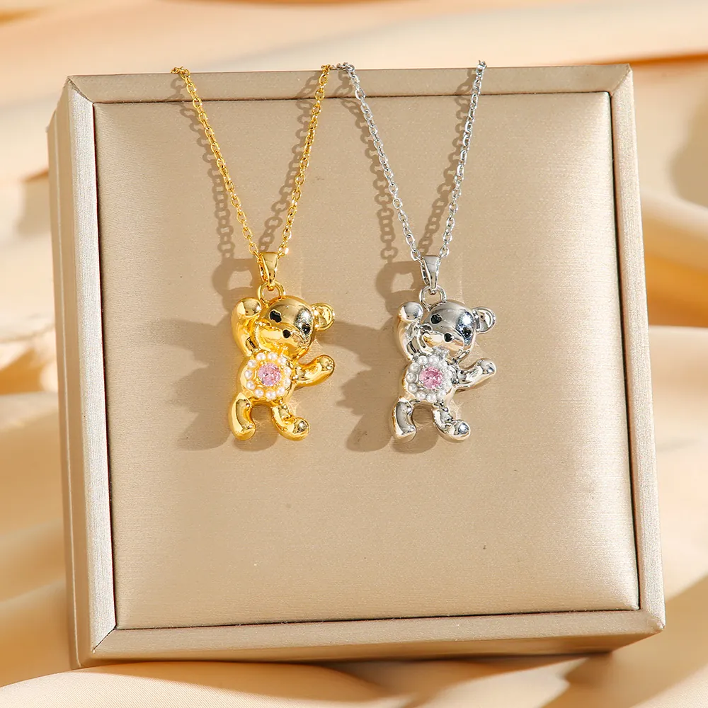 Collier Pendentif Ours En Peluche Mignon Acier Inoxydable Avec Künstliche Perle D'imitation Et Pierre Rose Bijoux Pour Femmes