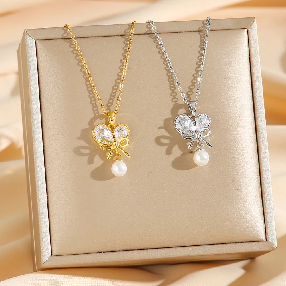 Collier Pendentif Nœud En Acier Inoxydable Avec Zircon Et Künstliche Perle Bijoux De Mode Élégants Et Simples Pour Femmes