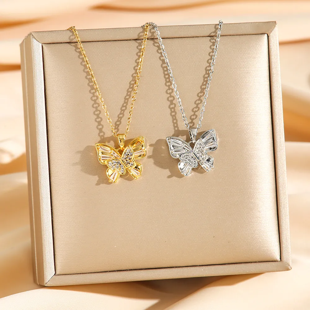Double Layered Butterfly Pendant Necklace Titanium Steel Cubic Zirconia Elegant Luxury Jewelry For Women