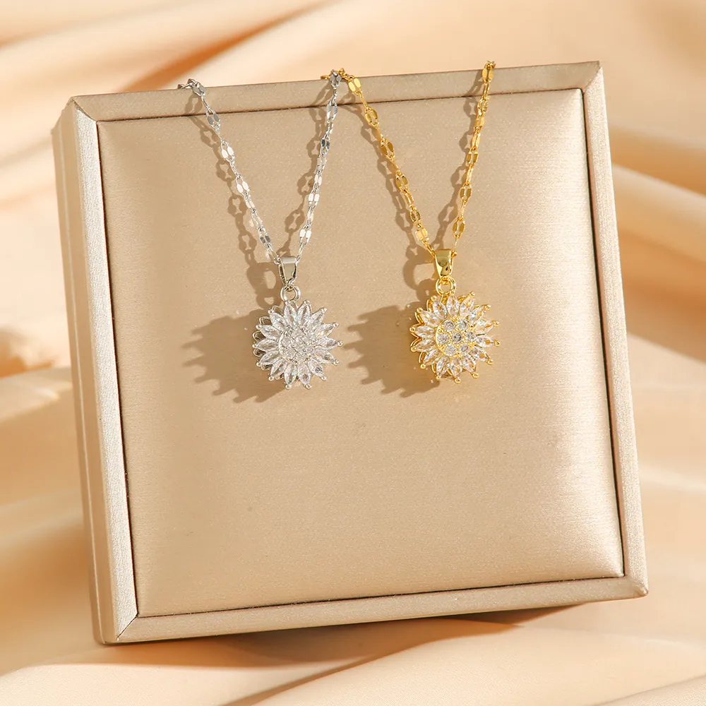 Collier Pendentif Tournesol Rotatif Acier Inoxydable Zircone Bijoux Mode Pour Femmes Élégant Fleur