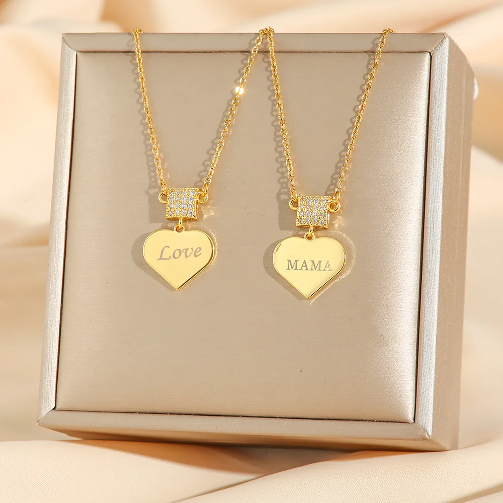 Heart Pendant Necklace Stainless Steel Gold Plated With Cubic Zirconia MAMA Love Engraved For Women Mother Gift