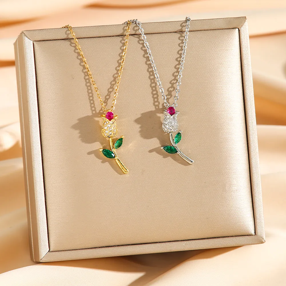 Tulip Flower Pendant Necklace Stainless Steel With Red Green White Zircon Elegant Niche Jewelry For Women