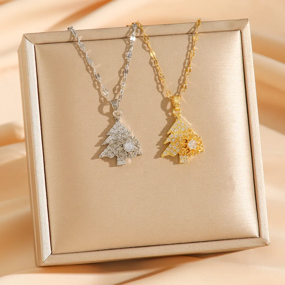 Christmas Tree Pendant Necklace Rotating Stainless Steel Zirconia Snowflake Holiday Jewelry For Women
