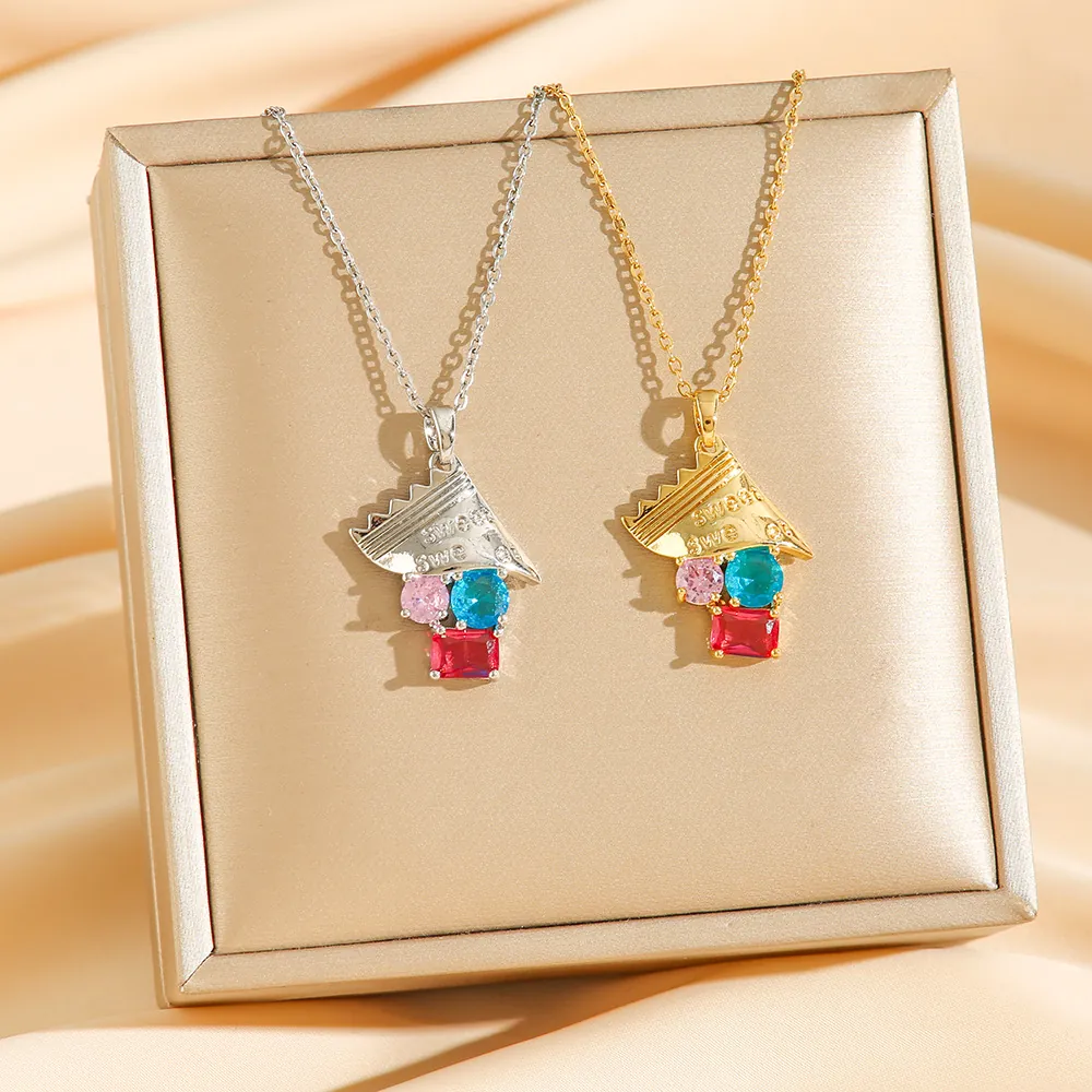 Collier Pendentif Bonbon Acier Titane Zircon Coloré Sweet Gravé Chaîne Clavicule Bijoux Femmes Luxe Mode