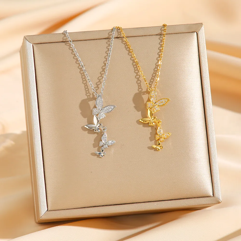 Collier Pendentif Papillon Acier Titane Zircon Étincelant Gland Chaîne De Clavicule Bijoux De Mode Pour Femmes
