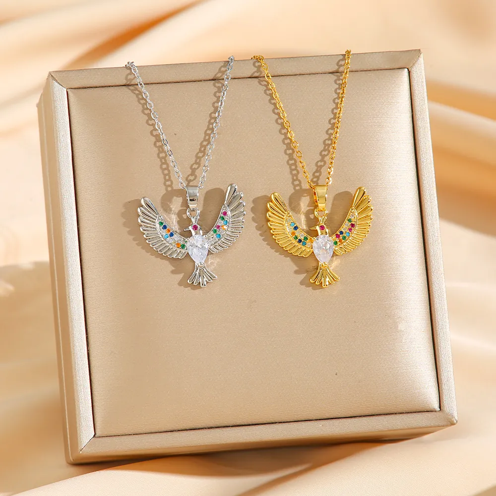 Eagle Bird Pendant Necklace Stainless Steel With Colorful Zircon Water Drop Spreading Wings Luxury Jewelry For Women