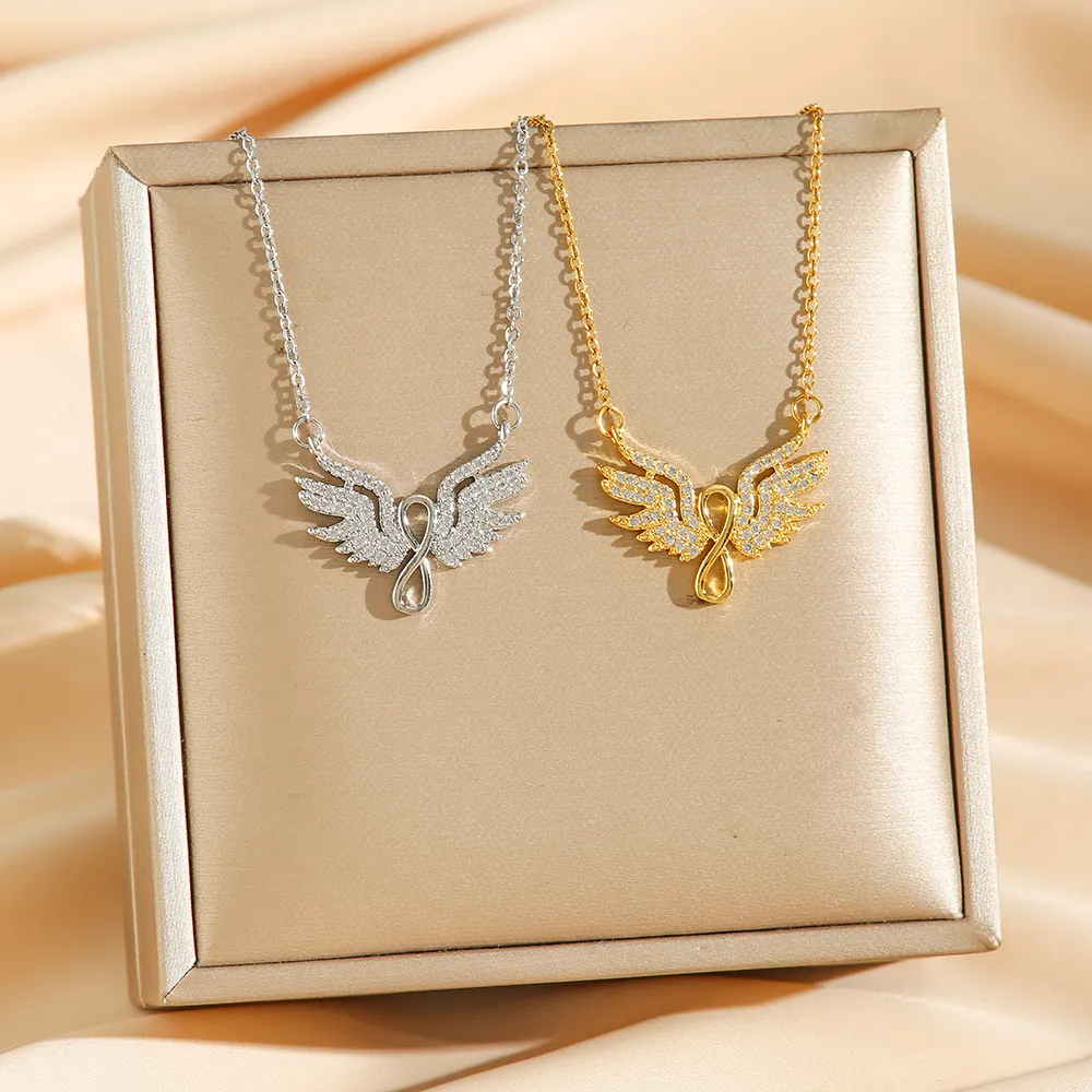 Angel Wings Infinity Pendant Necklace Stainless Steel Rhinestone Dainty Jewelry Gift For Women