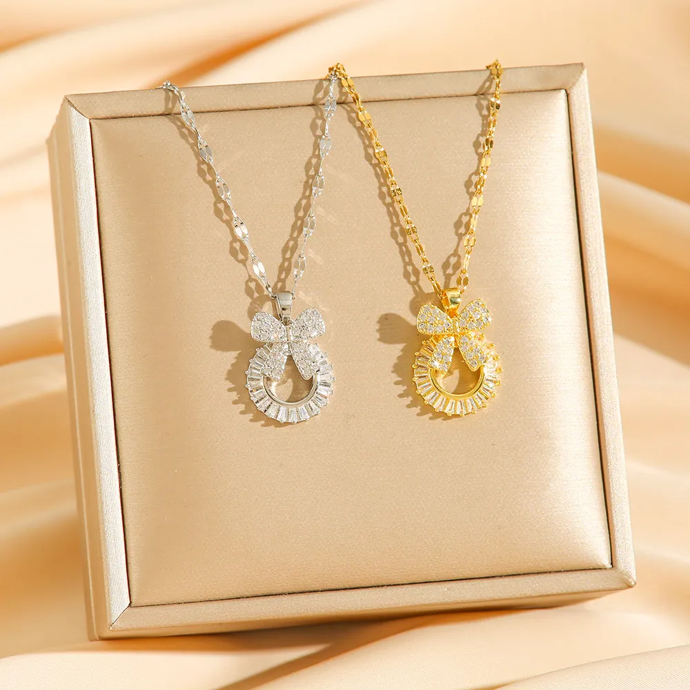 Halskette Mit Schleifen Kranz Anhänger Titanstahl Zirkonia Mikro Eingelegt Elegant Schlicht Exquisit Schmuck Für Frauen