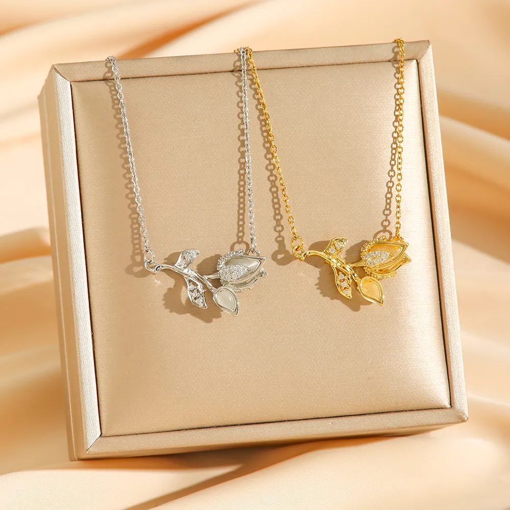 Collier Pendentif Tulipe En Acier Inoxydable Pierre Oeil De Chat Zircon Fleur Bijoux Élégants Pour Femmes