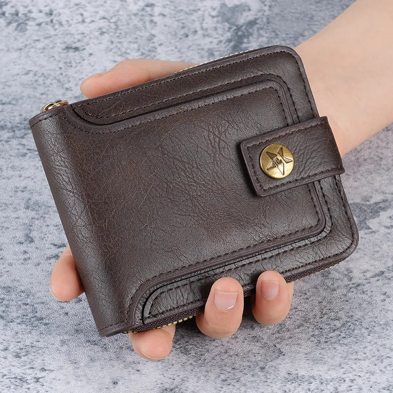 Retro Men's Short Horizontal Wallet Multi-Functional PU Leather Tri-Fold Card Holder With Zipper And Star Buckle Vintage Style