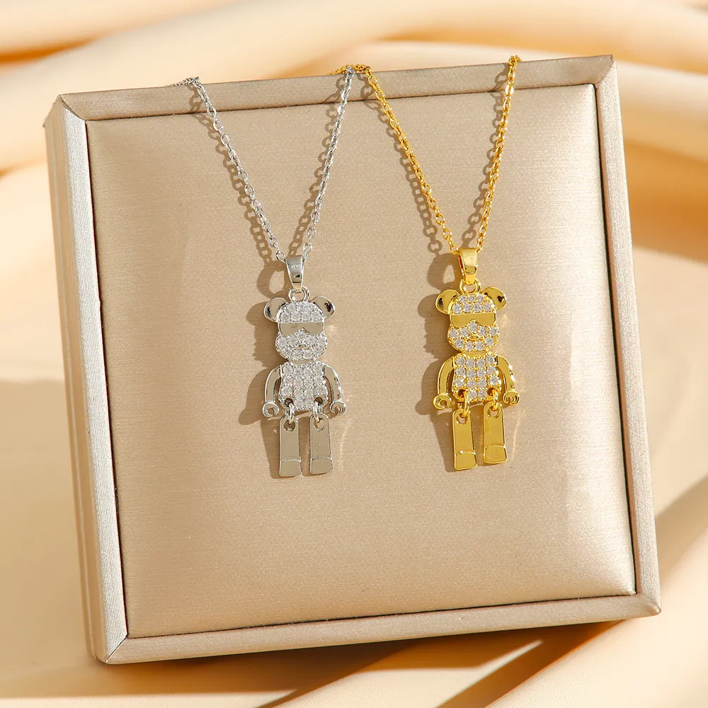 Titanium Steel Pendant Necklace With Rhinestone Mechanical Bear Punk Style Jewelry For Women Hip Hop Accessory