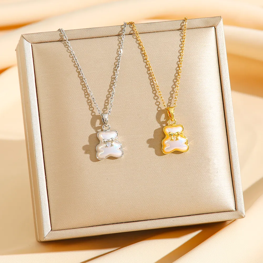 Collana Con Pendente Orso In Acciaio Inossidabile Intarsio Madreperla Zircone Fiocco Gioielli Eleganti Da Donna