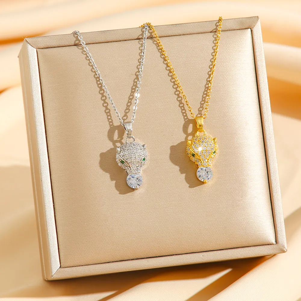 Collier Pendentif Tête De Léopard En Acier Titane Zircon Cubique Bijoux Accessoire De Mode De Luxe Pour Femmes Inaltérable