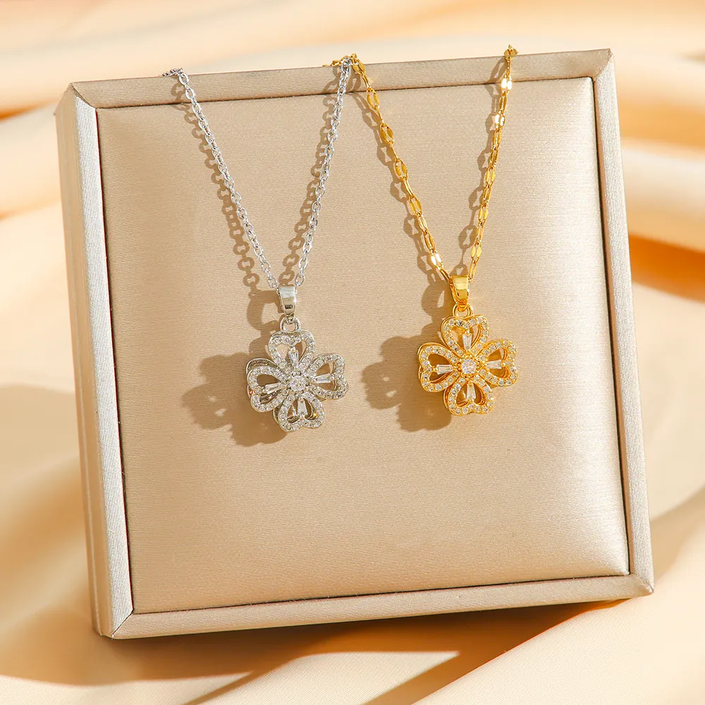 Collier Pendentif Trèfle À Quatre Feuilles Rotatif Acier Inoxydable Zircon Incrusté Rotation À 360 Degrés Bijoux De Chance Femme