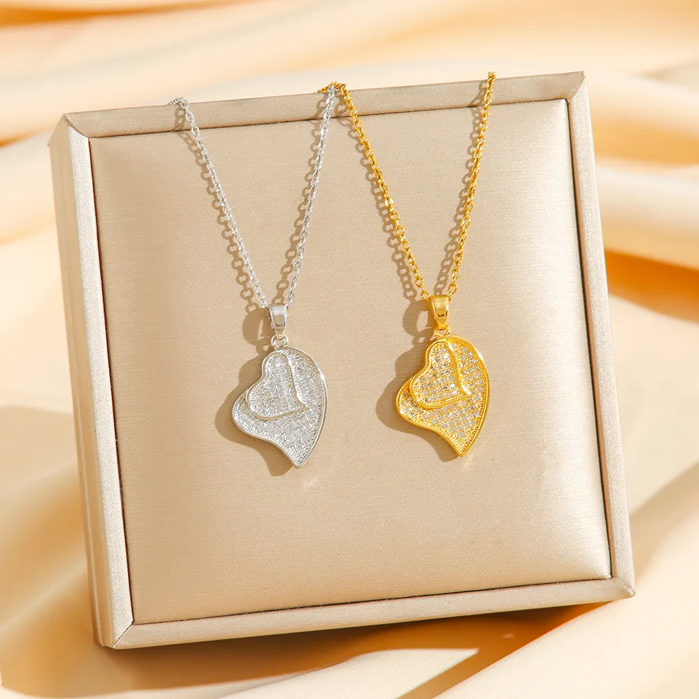 Heart Pendant Necklace Titanium Steel With Zircon Micro Pave Double Layer Elegant Clavicle Chain For Women