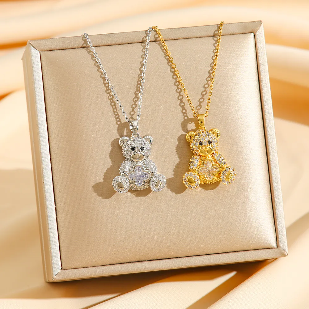 Teddybär Anhänger Halskette Titanstahl Strass Pavé Kleeblatt Süßer Tierschmuck Für Damen