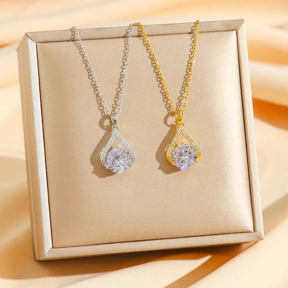 Wassertropfen Anhänger Halskette Edelstahl Zirkonia Strass Luxus Elegant Mode Schmuck Für Damen