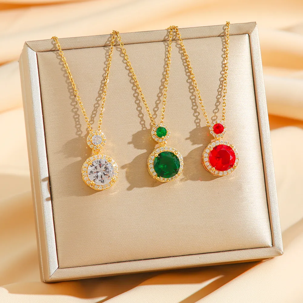 Round Stacked Pendant Necklace Titanium Steel Zircon Gemstone Retro Emerald Style Women Clavicle Chain Jewelry