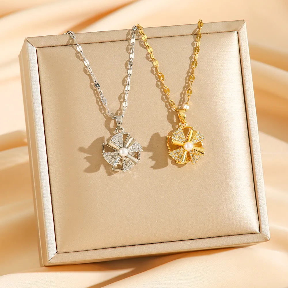 Rotating Windmill Pendant Necklace With Artificial Pearl And Zircon Inlaid Titanium Steel Minimalist Luxury Jewelry For Women