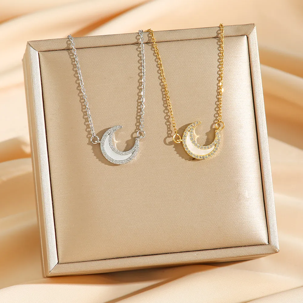 Crescent Moon Pendant Necklace Titanium Steel Rhinestone Mother Of Artificial Pearl Inlaid Clavicle Chain Korean Style Women Jewelry