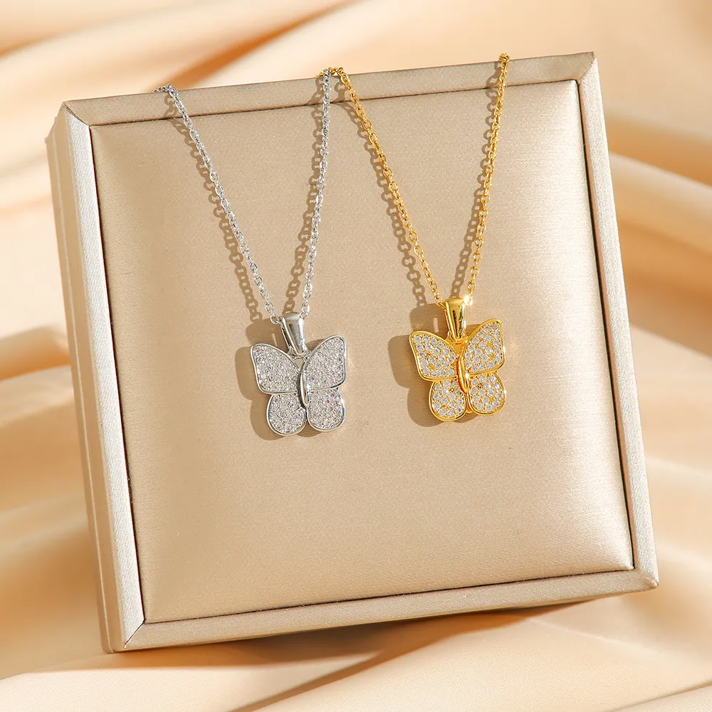 Collier Pendentif Papillon Acier Titane Zircon Coeur Chaîne Clavicule Bijoux Mode Femmes