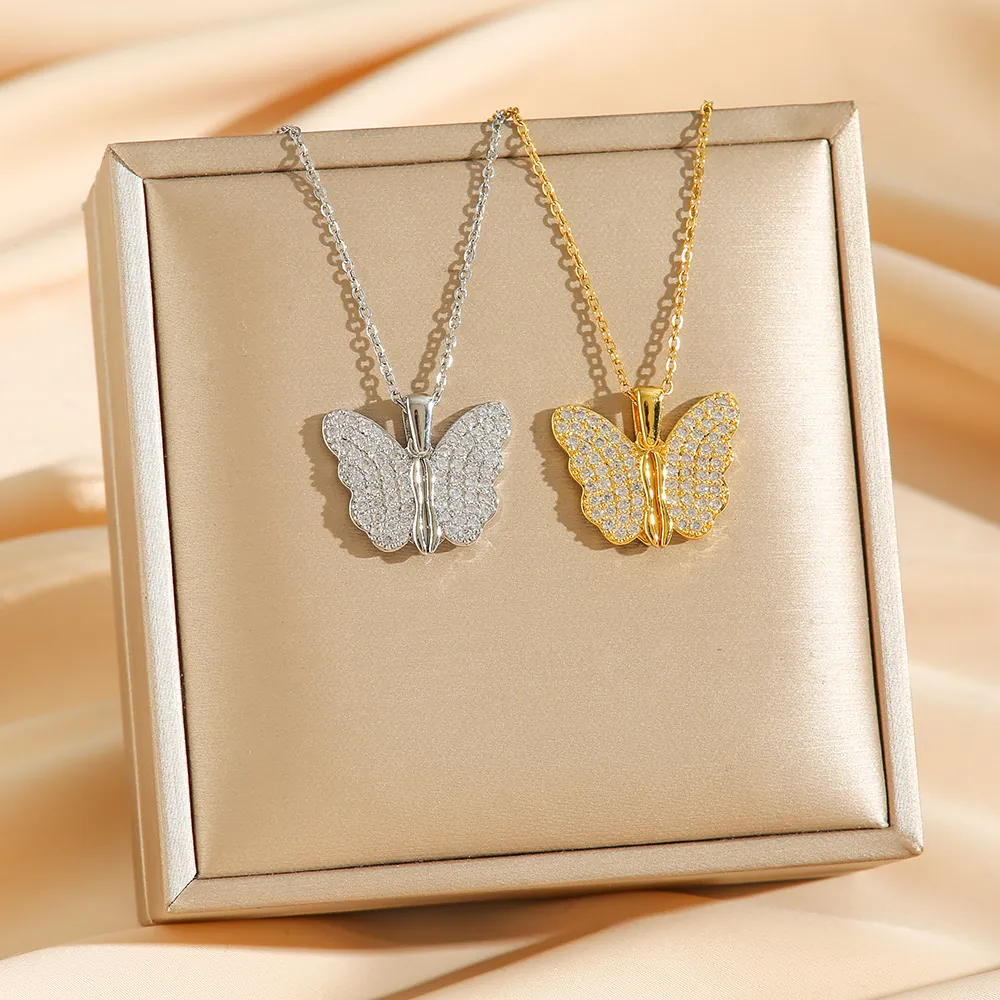 Butterfly Pendant Necklace Stainless Steel Openable Wings Hidden Heart Rhinestone Inlaid Fashion Jewelry For Women