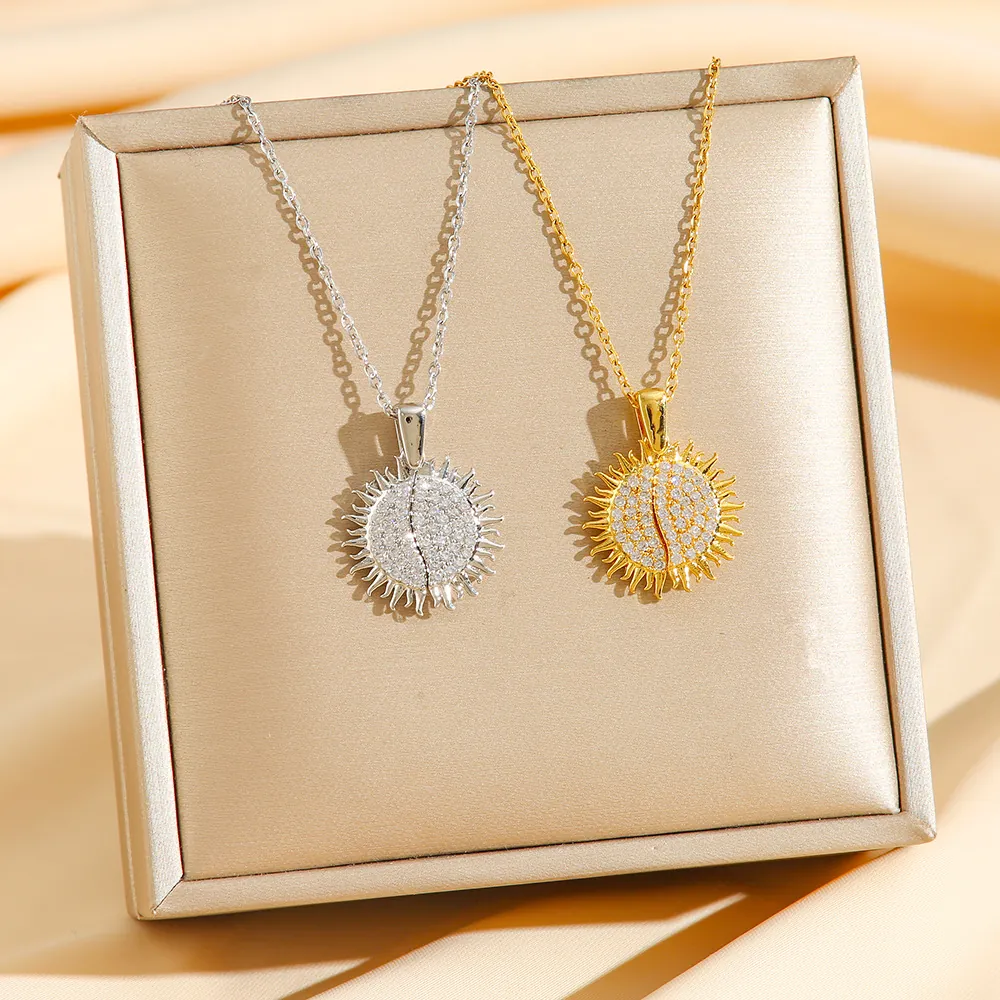 Sunburst Sunflower Pendant Necklace Titanium Steel Openable Heart Shaped Zircon Inlaid Elegant Jewelry For Women