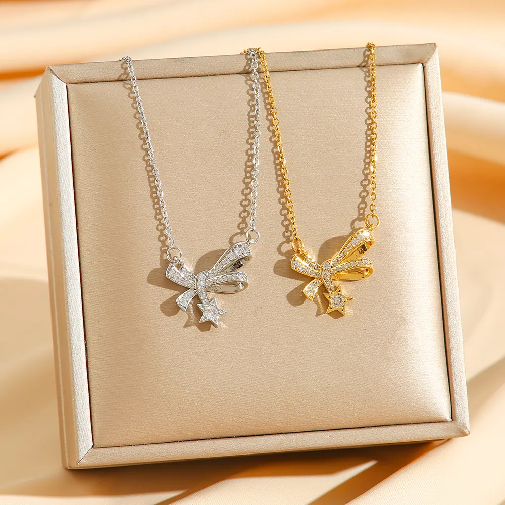 Collana Con Pendente A Fiocco Con Zirconi Acciaio Inossidabile Placcato Oro Stella Meteora Catena Clavicicola Per Donna