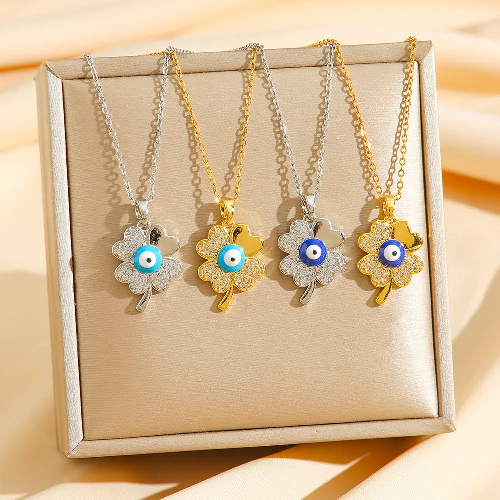Four Leaf Clover Pendant Necklace Titanium Steel Evil Eye Zircon Inlaid Lucky Charm Fashion Clavicle Chain For Women