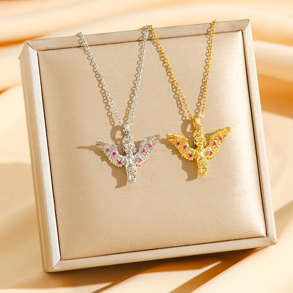 Angel Cupid Pendant Necklace Titanium Steel Rhinestone Inlaid Retro Elegant Clavicle Chain Jewelry For Women