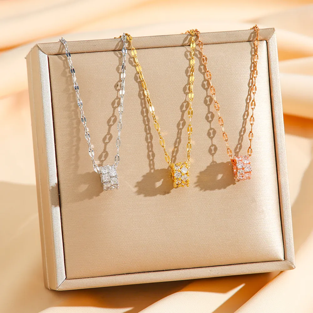Pendant Necklace Titanium Steel Cylindrical Zircon Inlaid Light Luxury Trendy Clavicle Chain For Women Elegant