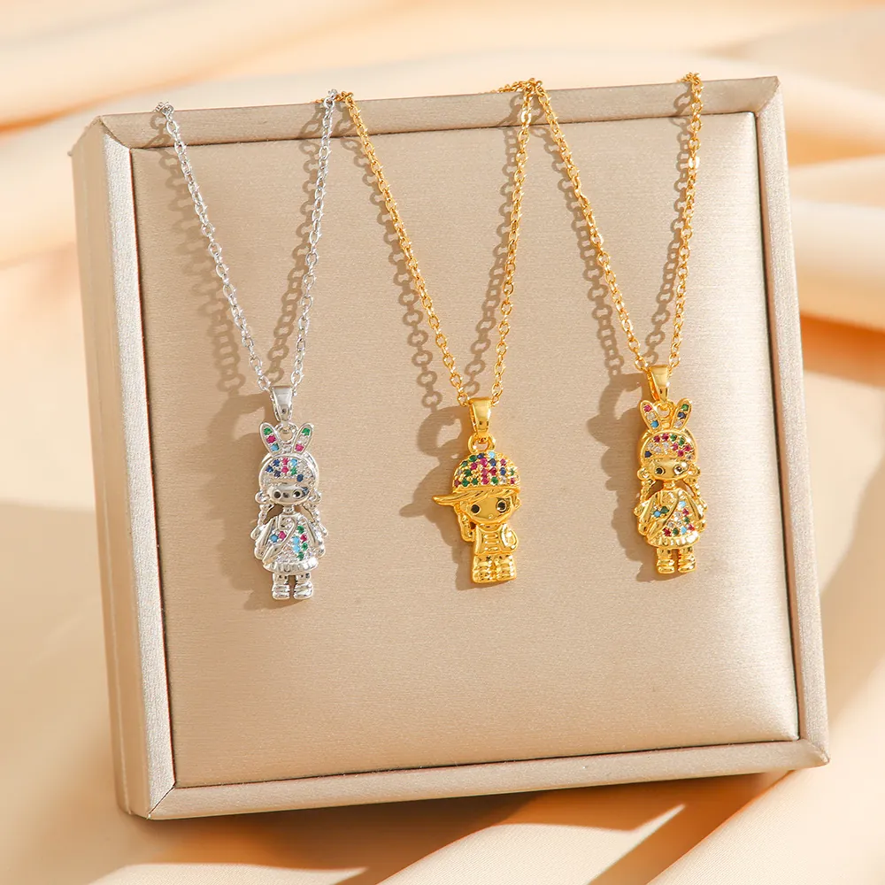 Süße Cartoon Junge Mädchen Anhänger Halskette Edelstahl Mit Bunten Zirkonia Eingelegt Mode Schmuck Für Frauen