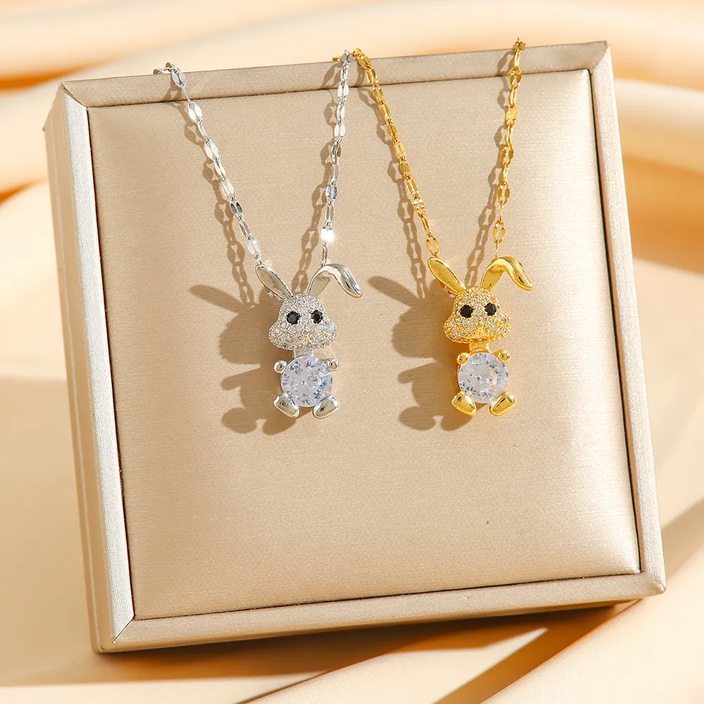 Collana Con Ciondolo A Forma Di Coniglio Carino Acciaio Inossidabile Zircone Strass Animale Gioielli Per Donne