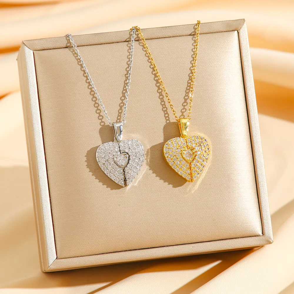 Collier Pendentif Coeur Acier Titane Cuivre Micro Pavé Zircon Design Aile Ouvrante Bijoux De Mode Pour Femmes