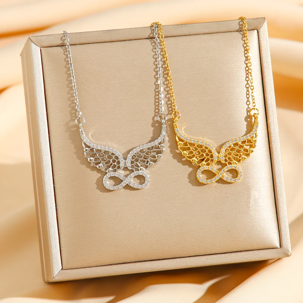 Angel Wings Infinity Pendant Necklace Titanium Steel Zircon Inlaid Luxury Choker Jewelry For Women