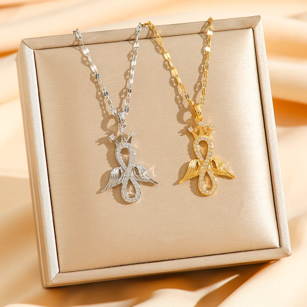 Unendlichkeit Engel Flügel Krone Anhänger Halskette Edelstahl Strass Luxus Schmuck Für Frauen