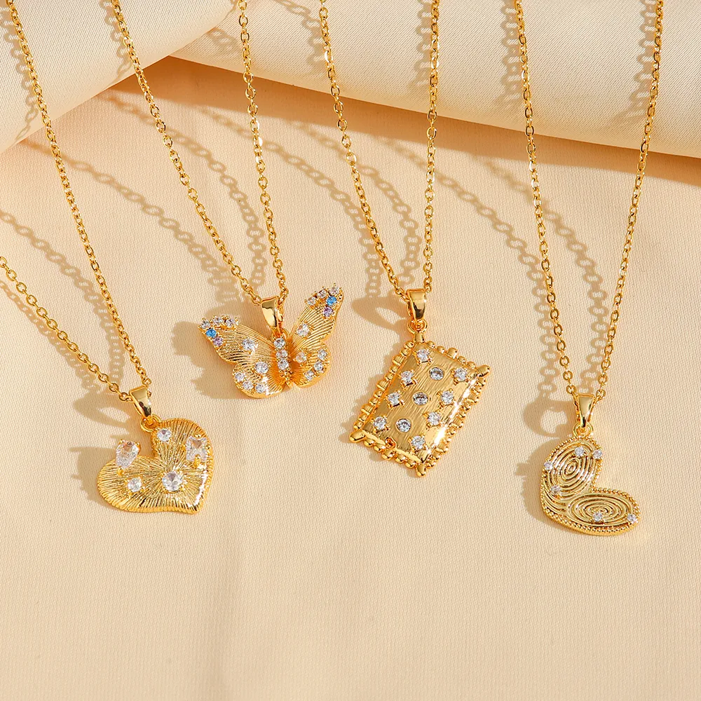 Collier Pendentif Papillon Coeur Rectangle Acier Titane Avec Zircon Filigrane Strass Or Bijoux Pour Femmes Filles