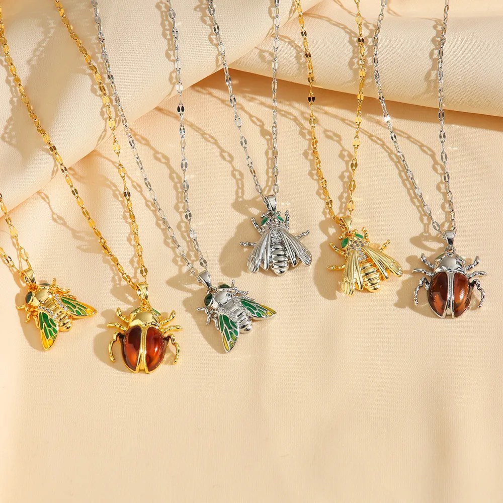 Collier Pendentif Insecte En Acier Inoxydable Émail Strass Abeille Cigale Scarabée Bijoux Animaux Mode Femmes