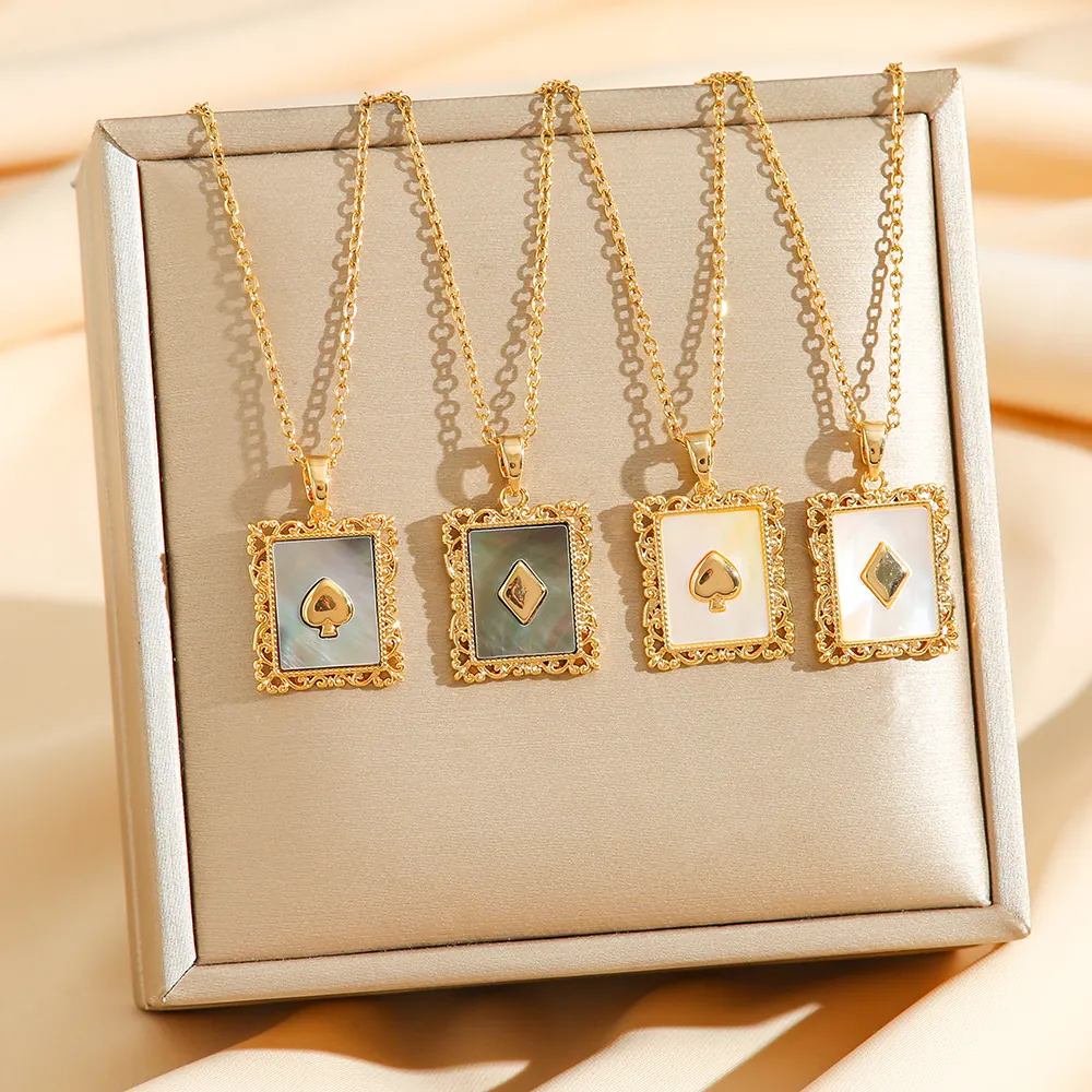 Vintage Square Pendant Necklace Titanium Steel Shell Mother Of Artificial Pearl Poker Card Heart Diamond Design Elegant Jewelry For Women