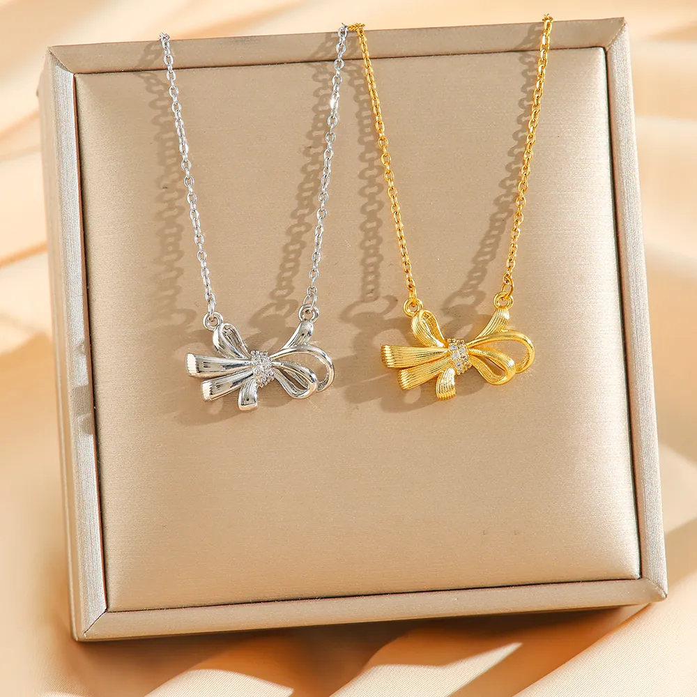 Bow Knot Pendant Necklace 18K Gold Plated Titanium Steel Brushed Cubic Zirconia Inlay Elegant Jewelry For Women