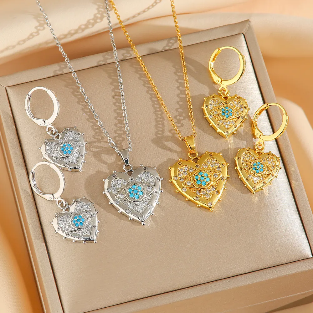 Parure De Bijoux Cœur Mauvais Œil Collier Et Boucles D'Oreilles Créoles En Acier Titane Avec Strass Mode Femme