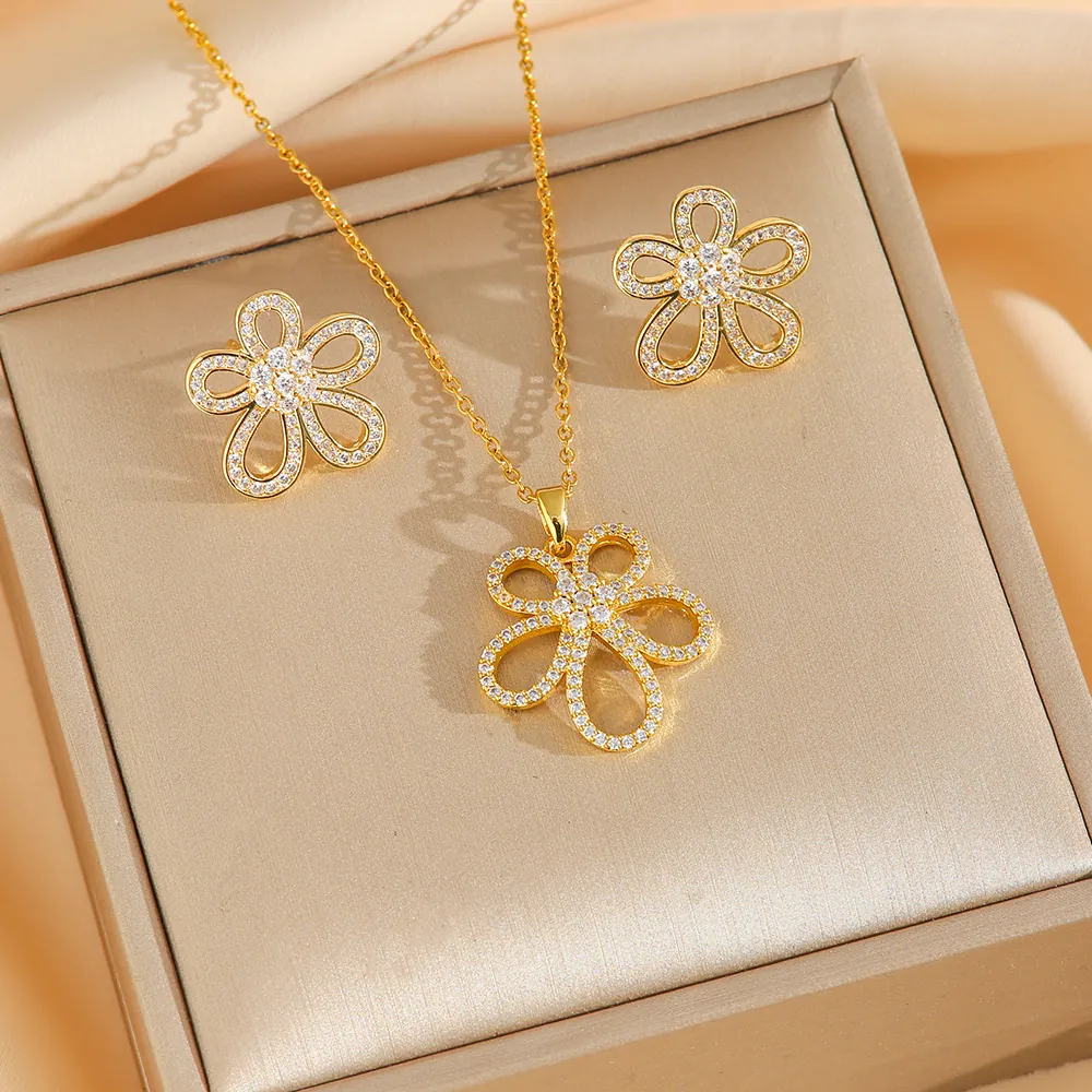 Titanium Steel Hollow Flower Necklace And Earrings Micro Pave Zircon Gold Plated Luxury Elegant Women Jewelry