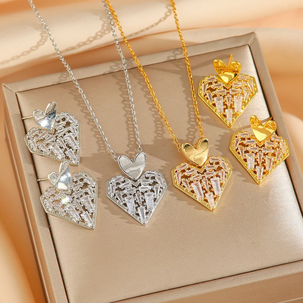 Heart Pendant Necklace And Earrings Stainless Steel Cubic Zirconia High End Luxury Elegant Jewelry For Women