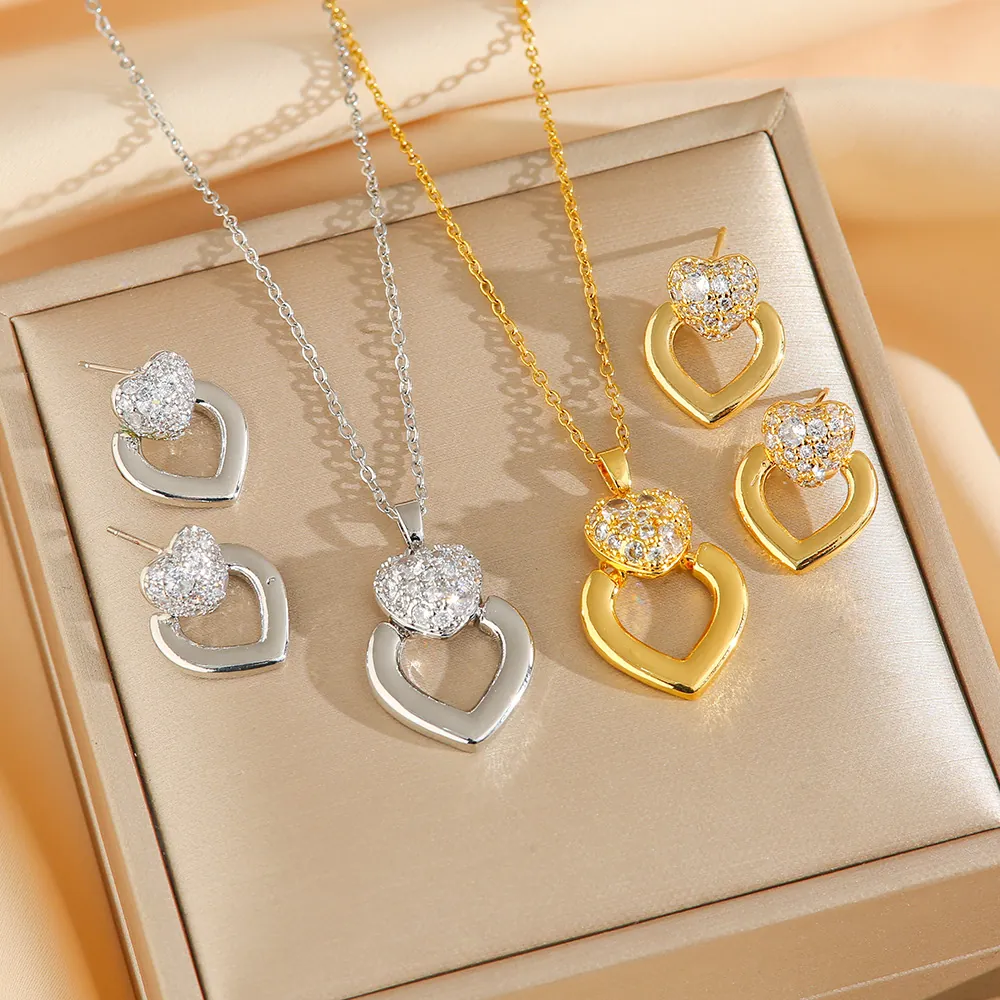 Collana E Orecchini Doppio Cuore Acciaio Inossidabile Zircone Strass Elegante Moda Per Donne