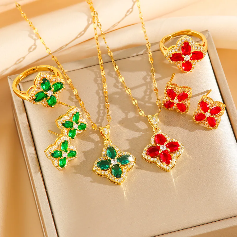 Clover Flower Necklace Stud Earrings And Adjustable Ring Stainless Steel Zircon Jewelry For Women