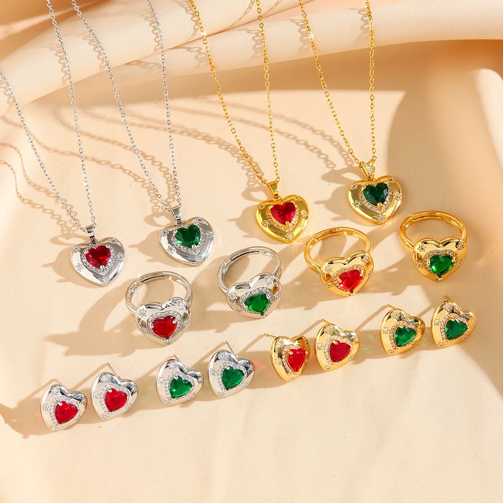 Bijoux Cœur Acier Titane Pierre Gemme Zircon Collier Boucles D'oreilles Bague Femmes Cœur Océan Cadeau Romantique Élégant