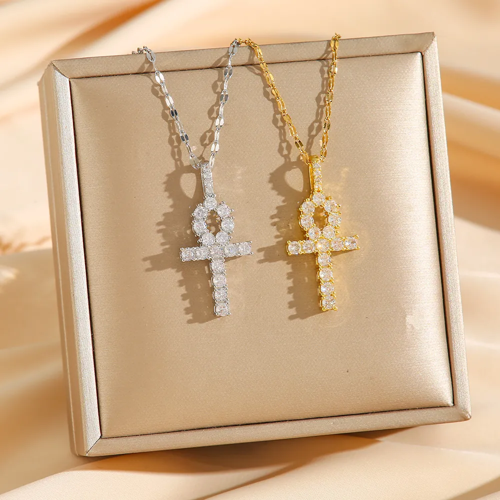 Collier Pendentif Croix Ankh Acier Inoxydable Micro Pavé Zircon Hip Hop Égyptien Clé De La Vie Bijoux Unisexe