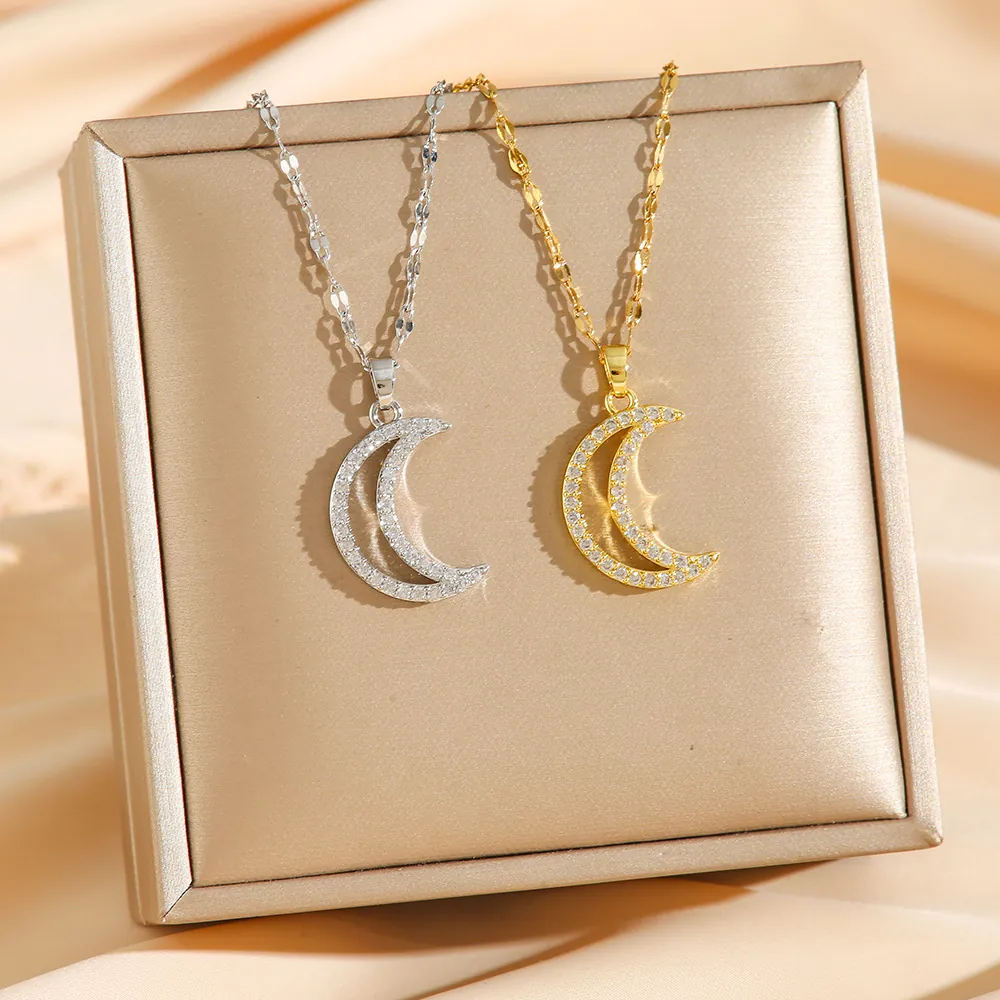 Moon Pendant Necklace Stainless Steel With Cubic Zirconia Minimalist Clavicle Chain Fashion Jewelry For Women