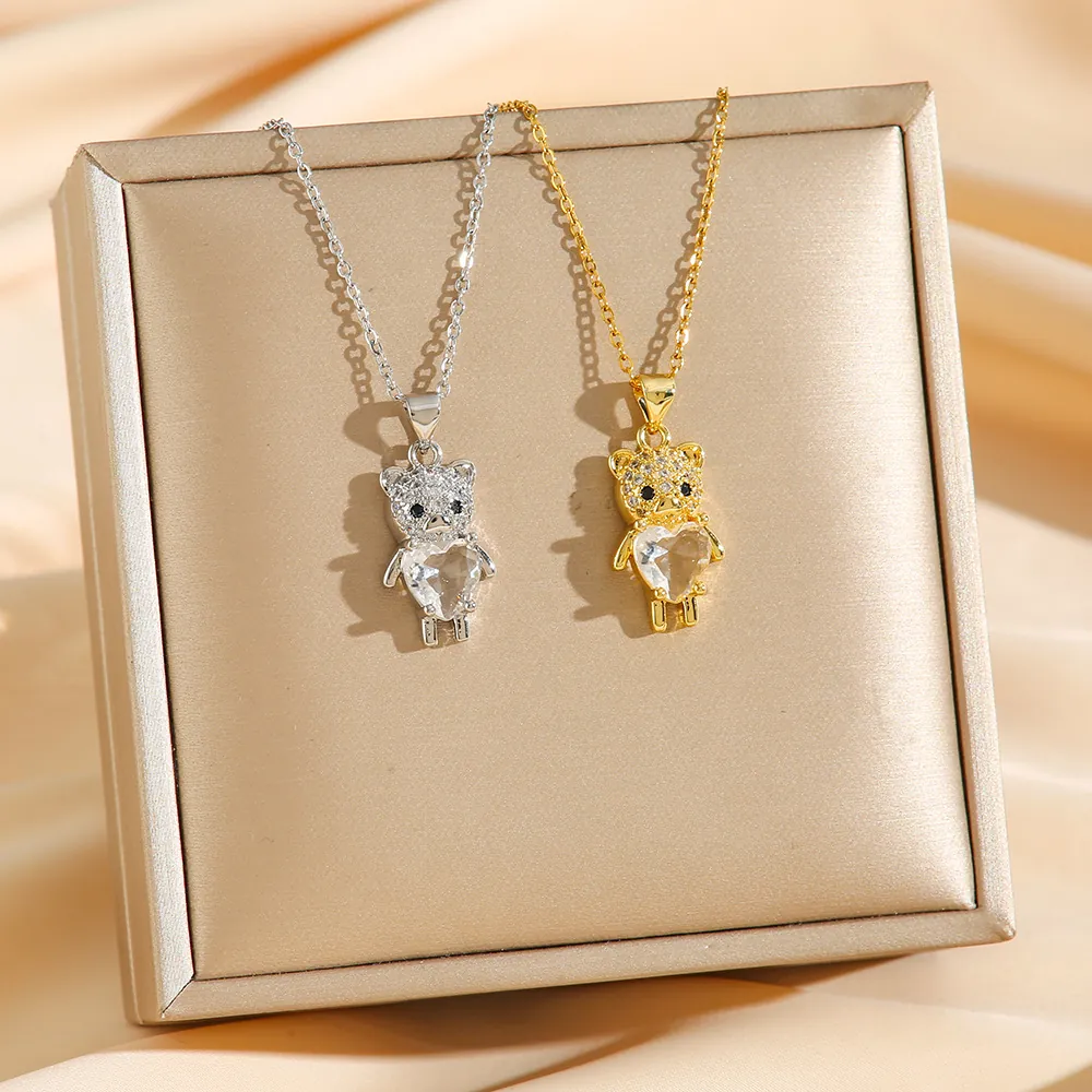 Collier Pendentif Ours Cristal Zircon En Forme De Coeur Acier Inoxydable Micro Pavé Bijoux De Mode Pour Femmes
